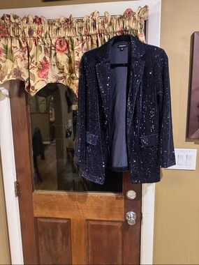 Magaschoni Navy Sequin Blazer with Notch Lapel